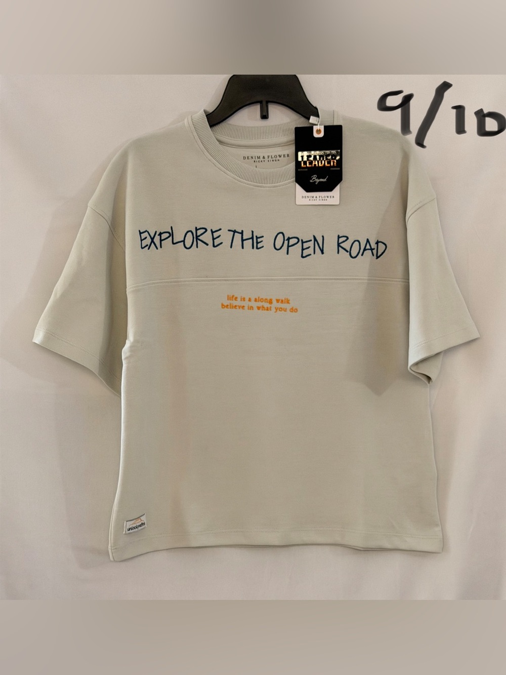 Denim & Flower Sage Green Tee with Navy and Mustard Text